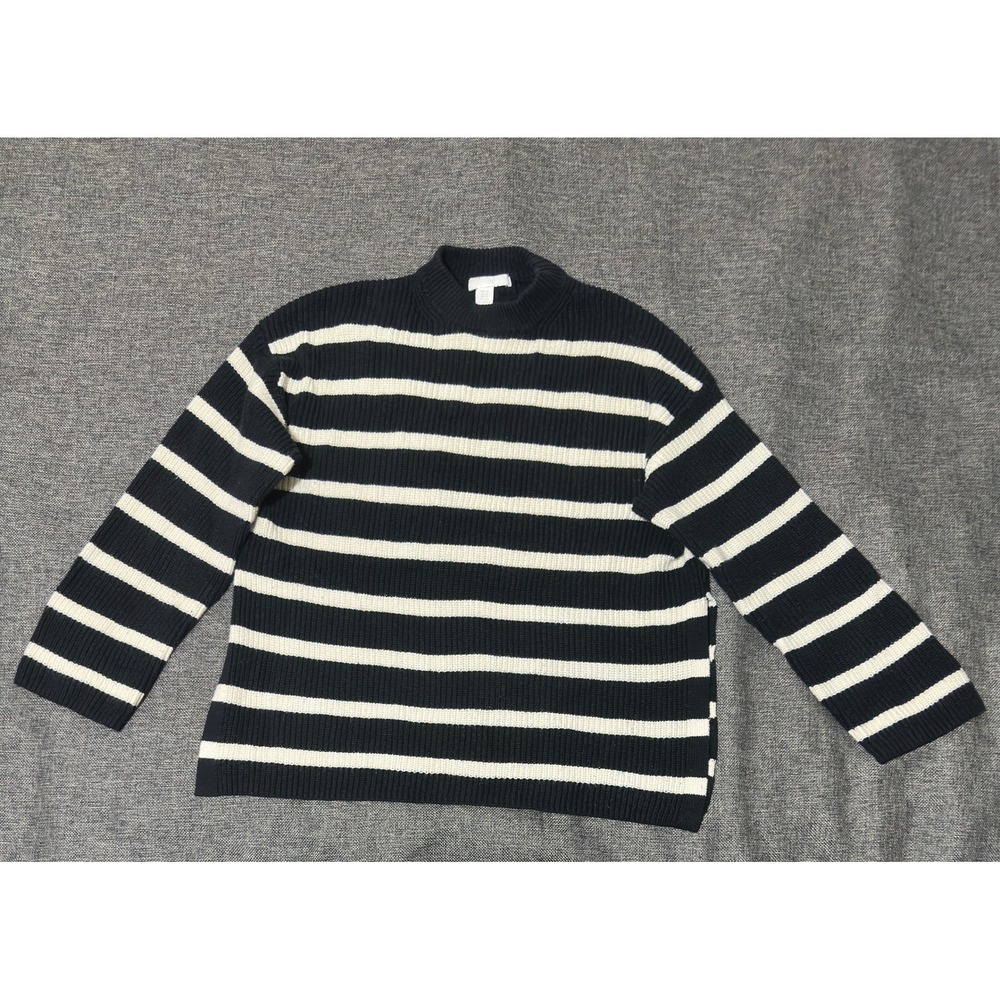 H&M Womens XS Sweater Black Cream White Striped Ribbed Mock Neck Cotton Blend